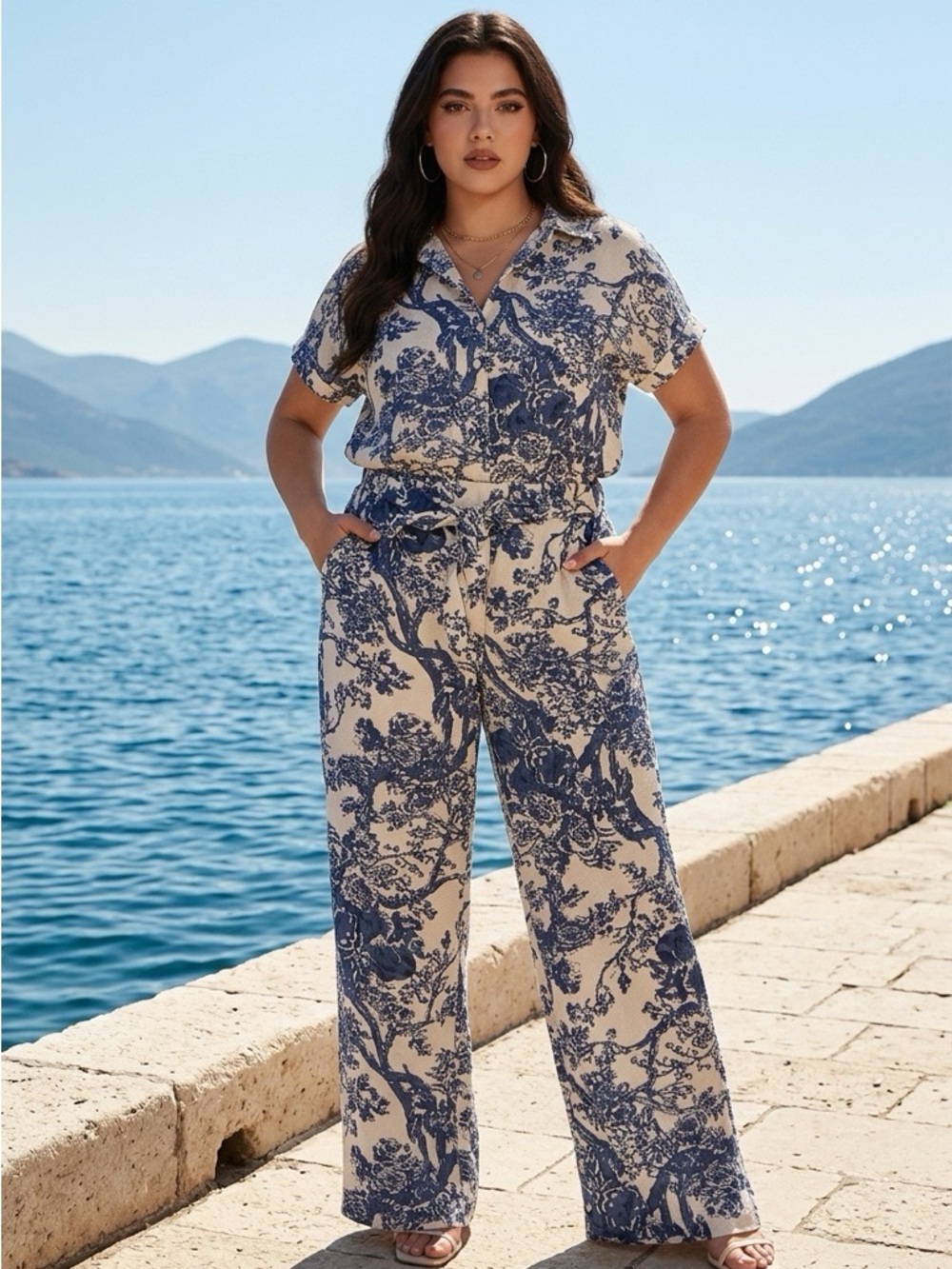 Blue Floral Wide-Leg Cotton Pants